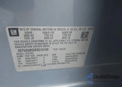 2015 GMC Sierra 1500 Sle z USA, uszkodzony, nr VIN 3GTU2UEC6FG319168